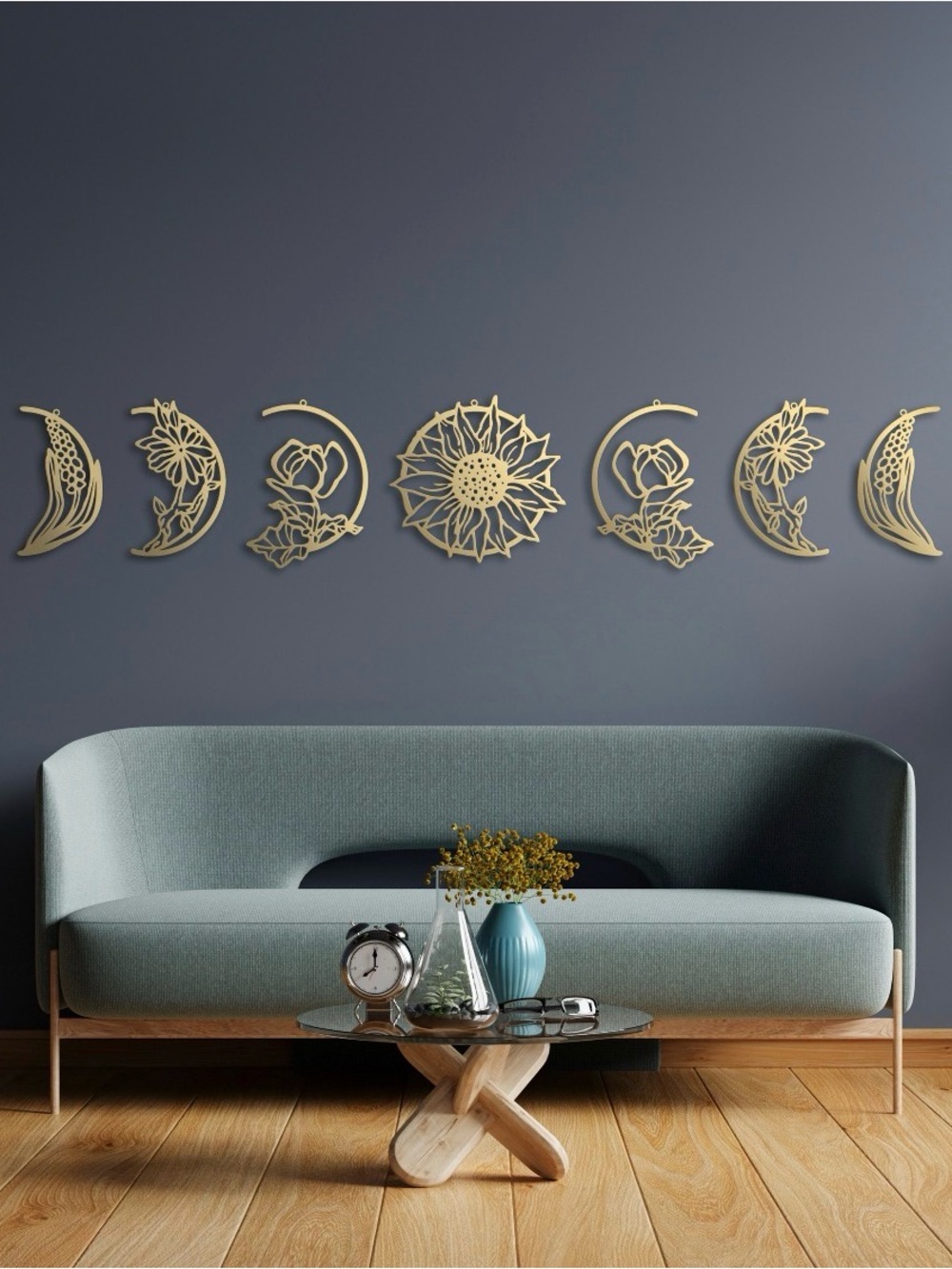 Gold Floral Moon Metal Wall Art Set - Home Wall Decor